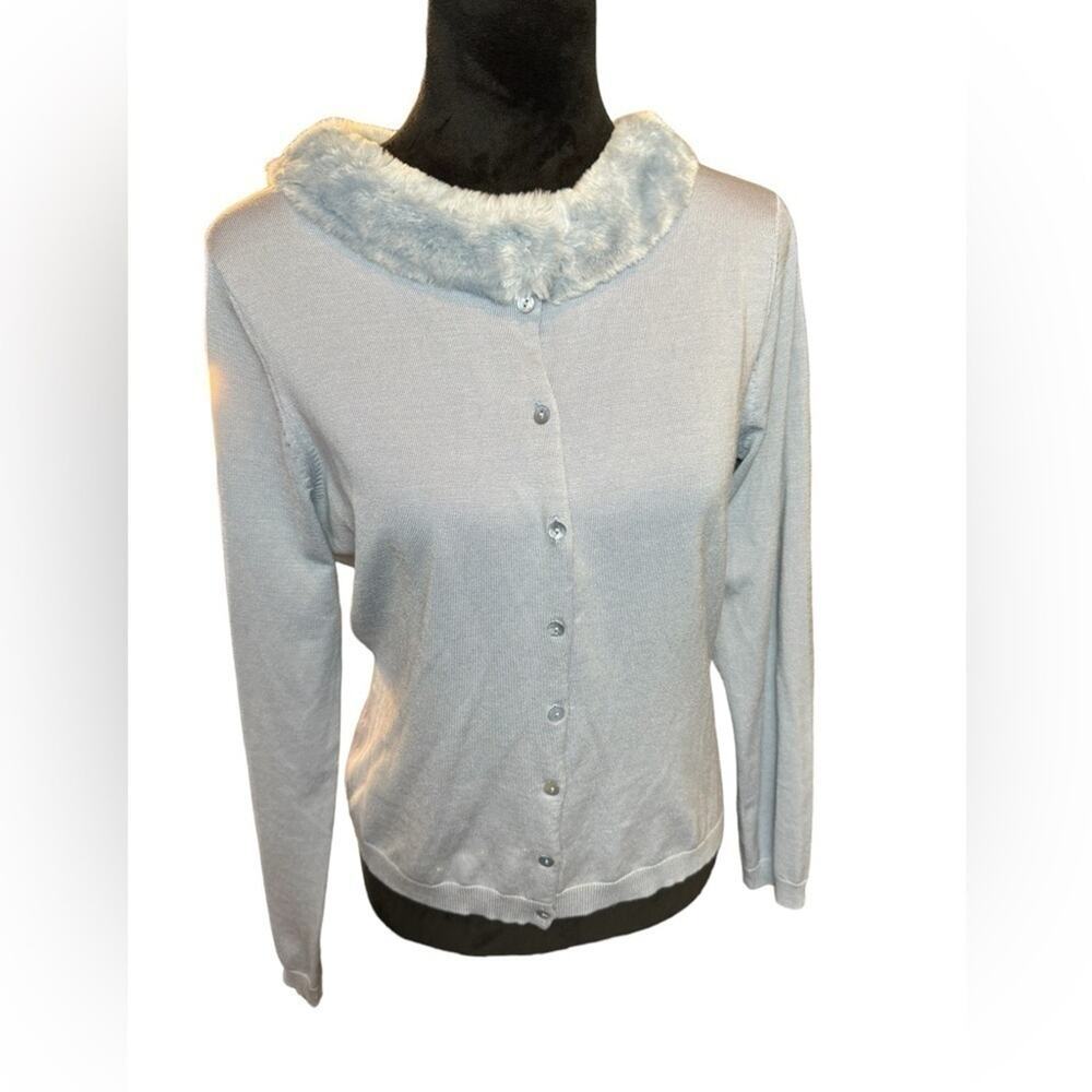 Silx by August Silk Light Blue Faux Fur Collar Cardigan